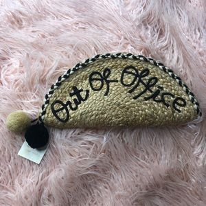 “Out of office” jute clutch. NWT.